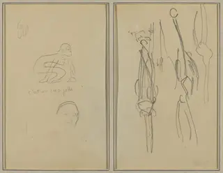 Crouching Monkey and Man's Head; Bones and Muscles [verso], by Paul Gauguin, graphite, 1886
