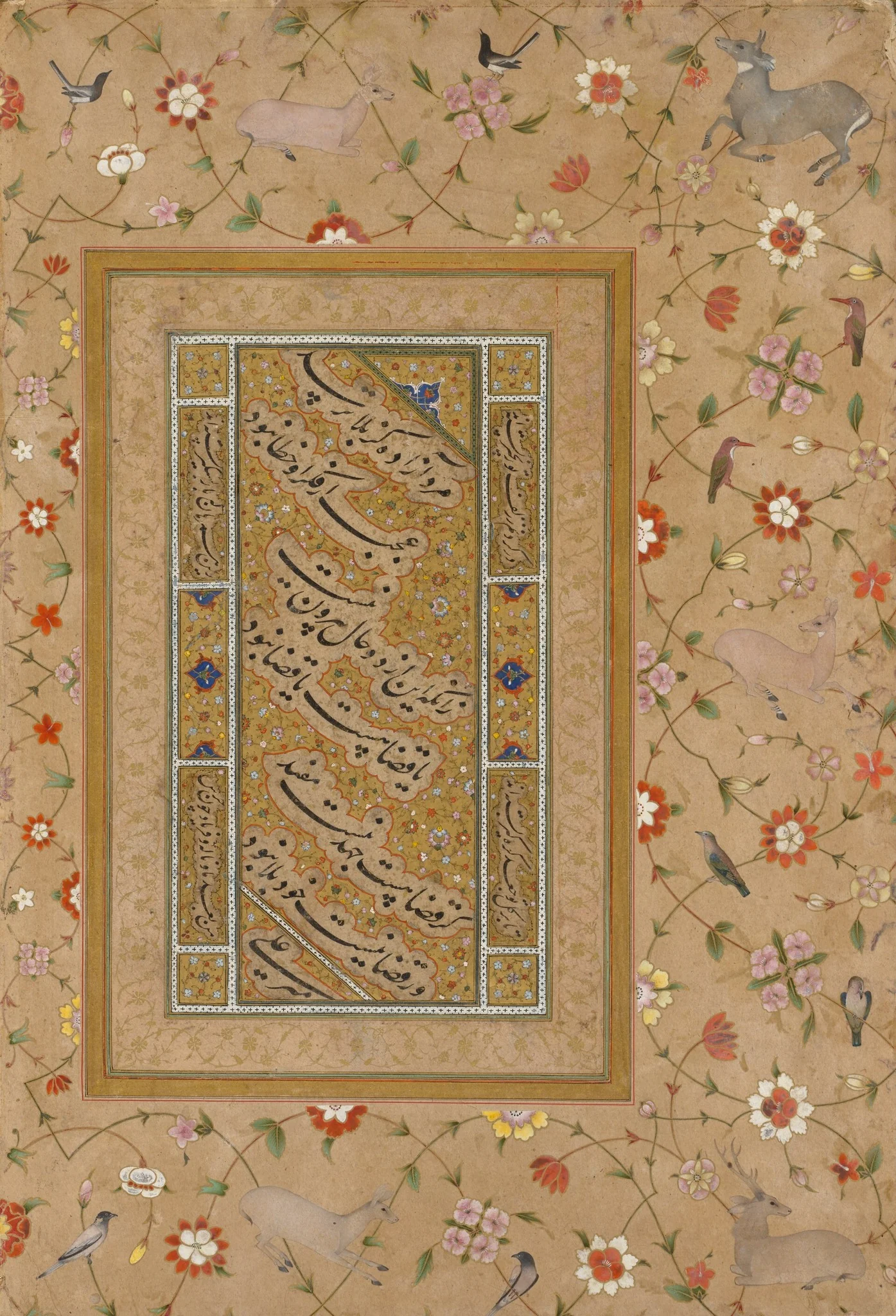 Page from the Late Shah Jahan Album: Persian Calligraphy framed by an ornamental border of flowers, birds, and deer, detail