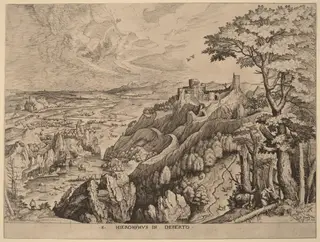 S. Hieronymus in Deserto (Saint Jerome in the Desert), by Lucas van Doetechum, ink, 1556