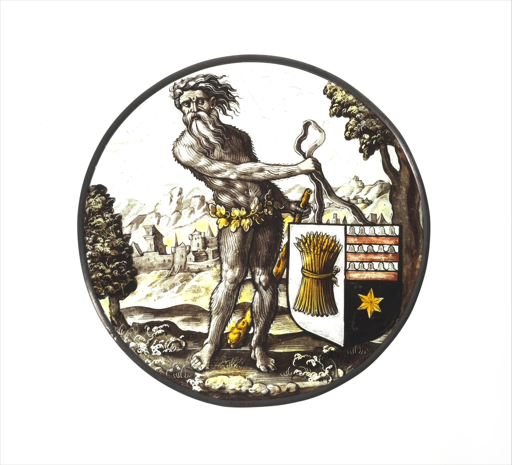 Roundel with Wild Man Supporting a Heraldic Shield, detail