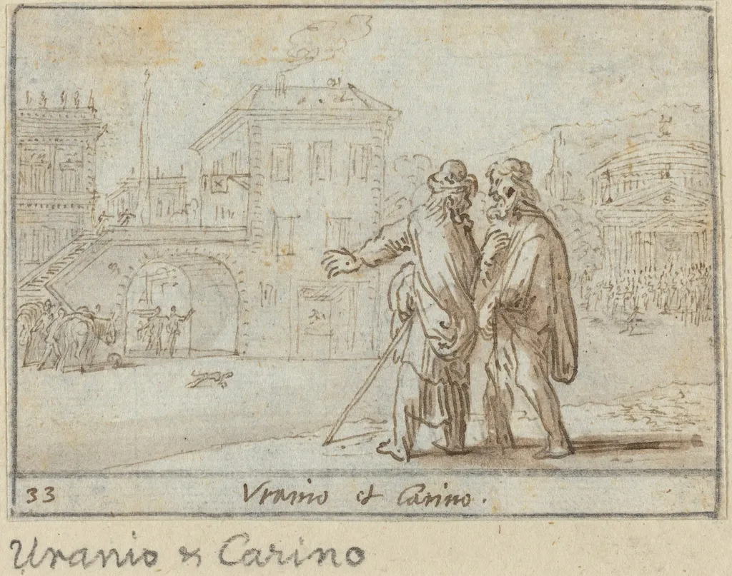 Uranio and Carino, by Johann Wilhelm Baur, ink, 1640