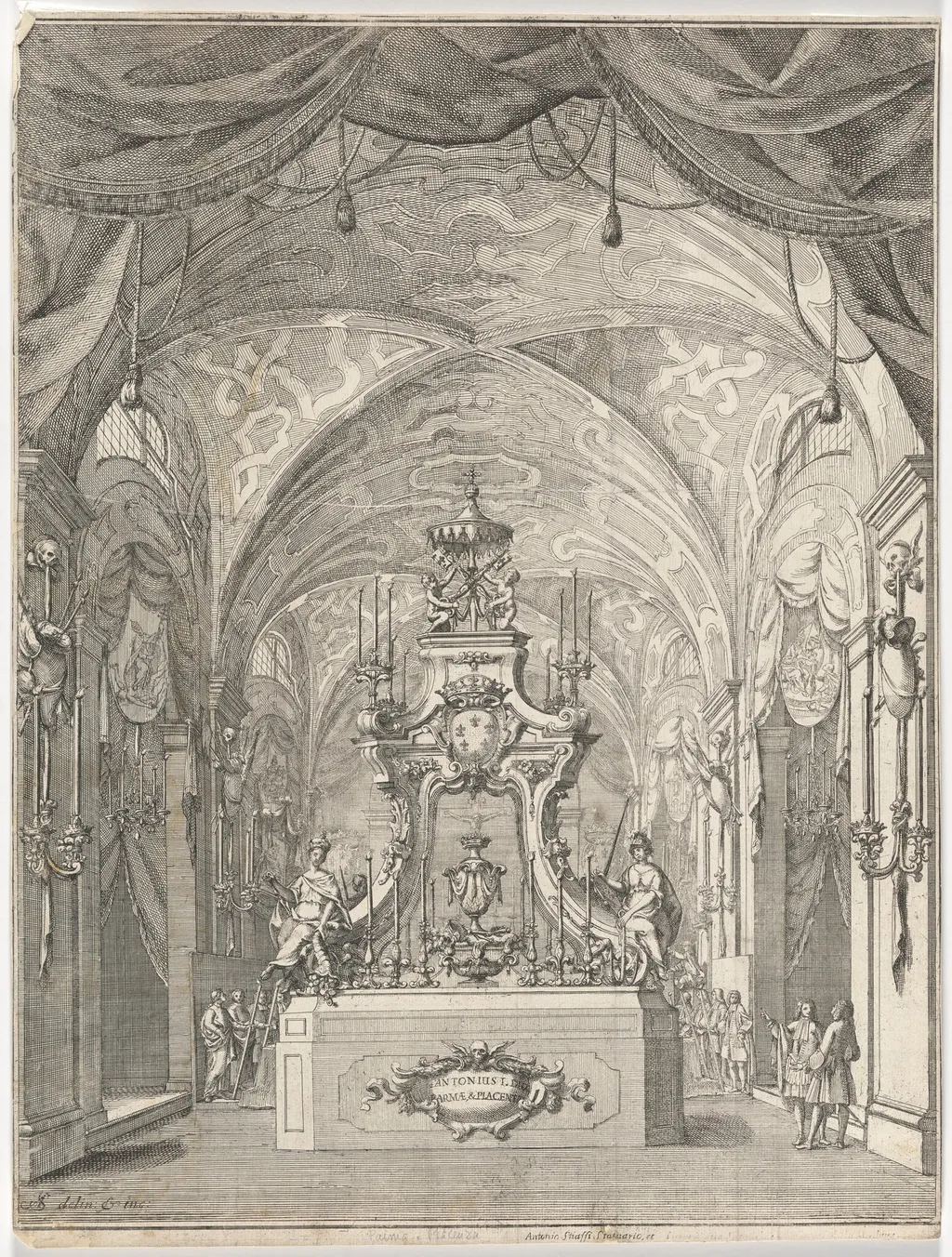 Catafalque for the Funeral of the Duke of Parma Antonio I in the Church of S. Maria Maddalena in Bologna, by Antonio Stiassi, ink, 1731