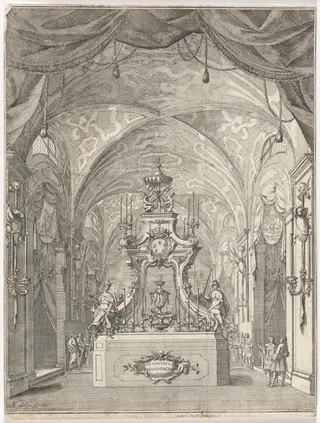 Catafalque for the Funeral of the Duke of Parma Antonio I in the Church of S. Maria Maddalena in Bologna, by Antonio Stiassi, ink, 1731