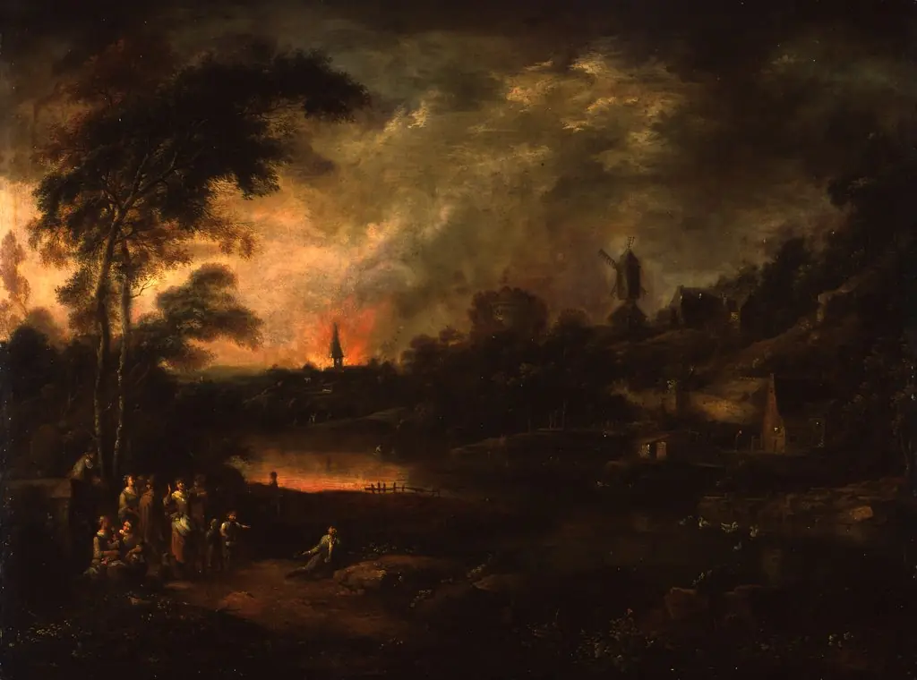 Nocturnal Fire in a Village, by Johann Christian Vollerdt, unspecified, 1753