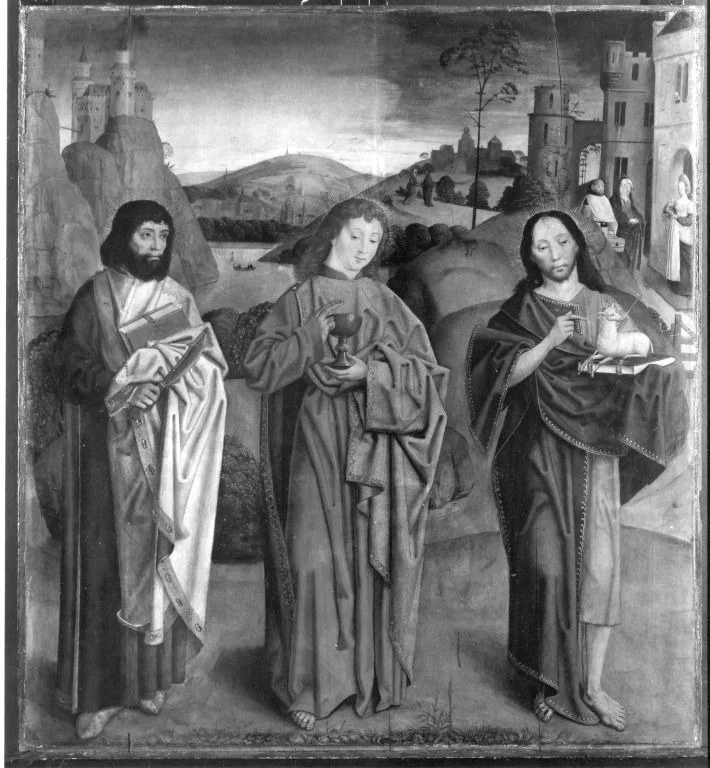 Beschneidungsaltar: Die hll. Bartholomäus, Johannes Ev. und Johannes d. T., detail