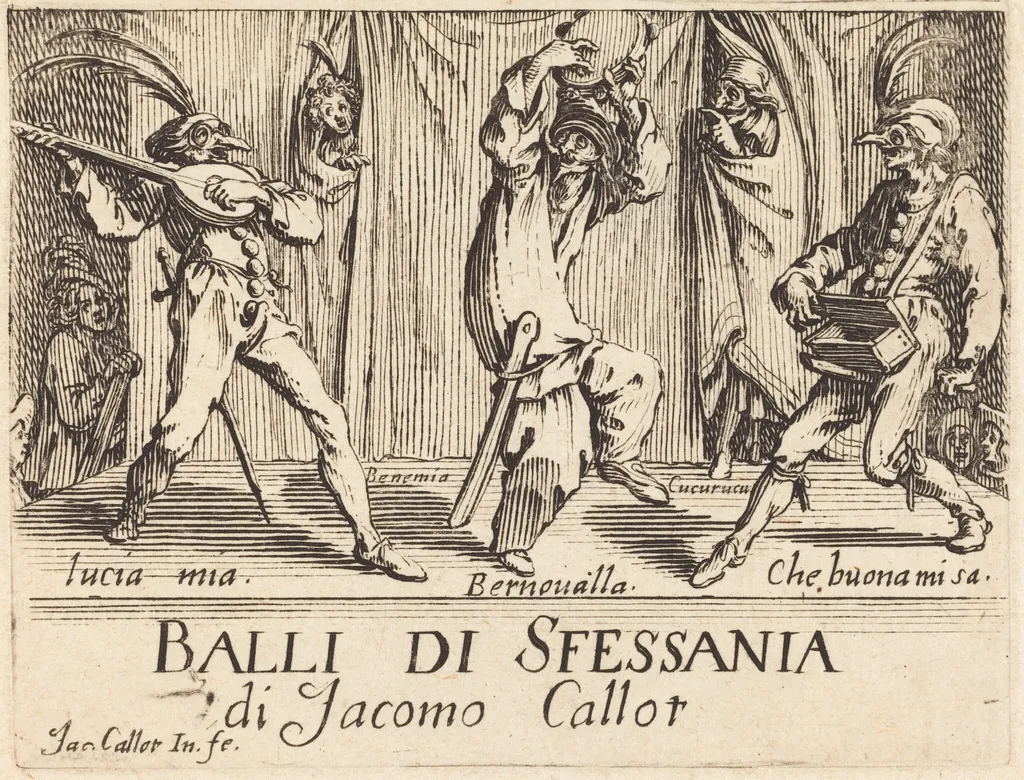 Frontispiece for "Balli di Sfessania", by Jacques Callot, ink, 1622