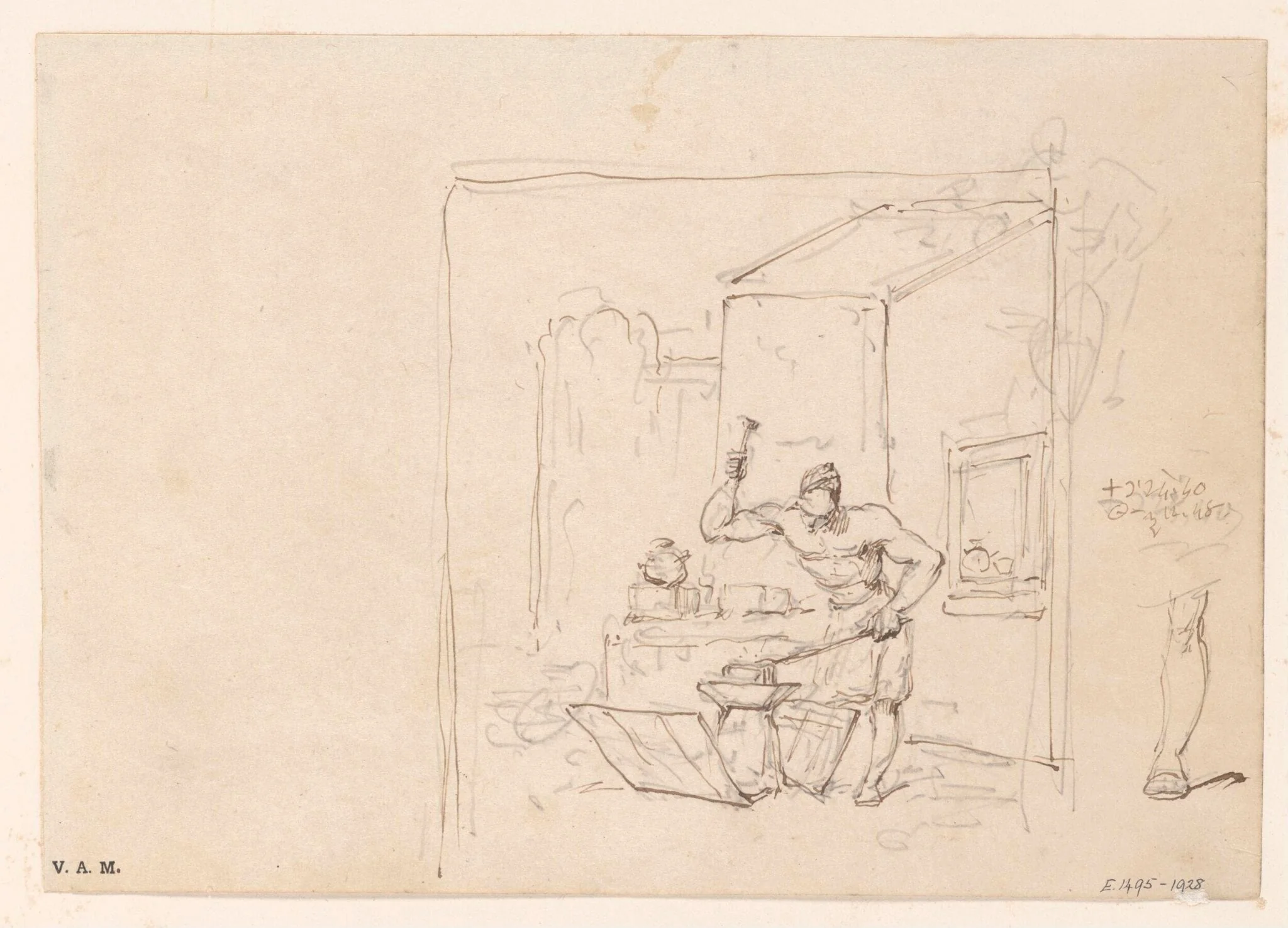 A Chinese blacksmith hammering at his anvil, detail