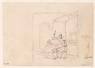 A Chinese blacksmith hammering at his anvil, by George Chinnery, 14