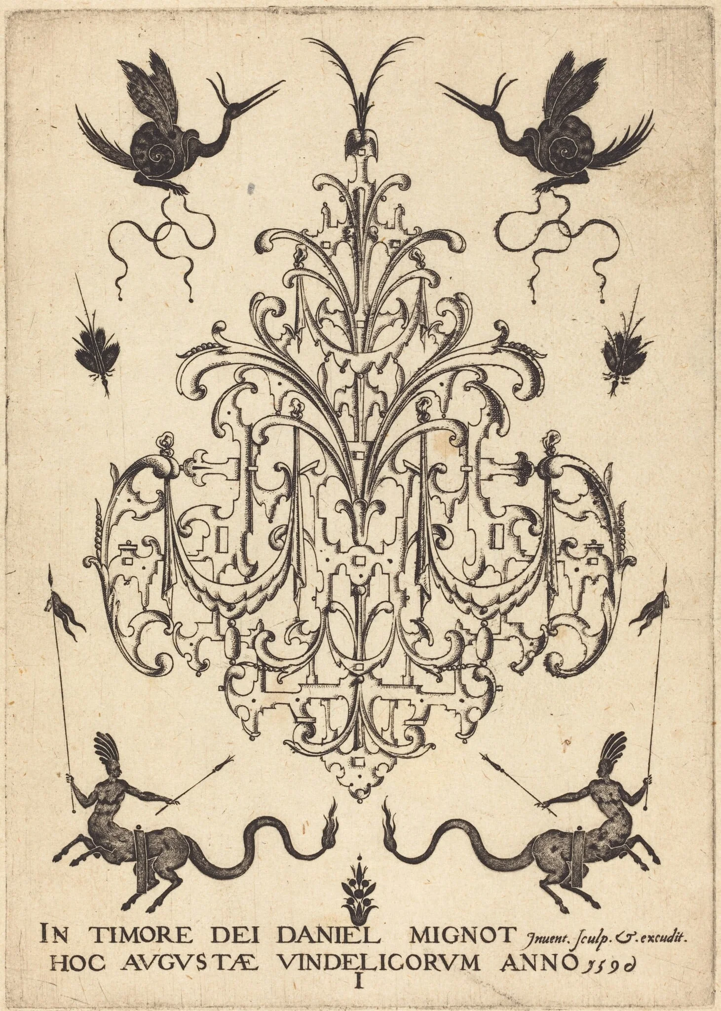 Title-Page: Brooch, Snail-like Animals Above, Centaurs with Banners at Bottom, detail