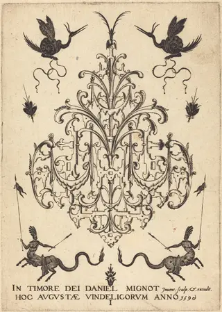 Title-Page: Brooch, Snail-like Animals  Above, Centaurs with Banners at Bottom, by Daniel Mignot, ink, 1596