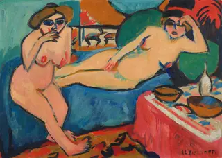 Two Nudes on a Blue Sofa, by Ernst Ludwig Kirchner, oil, 1915