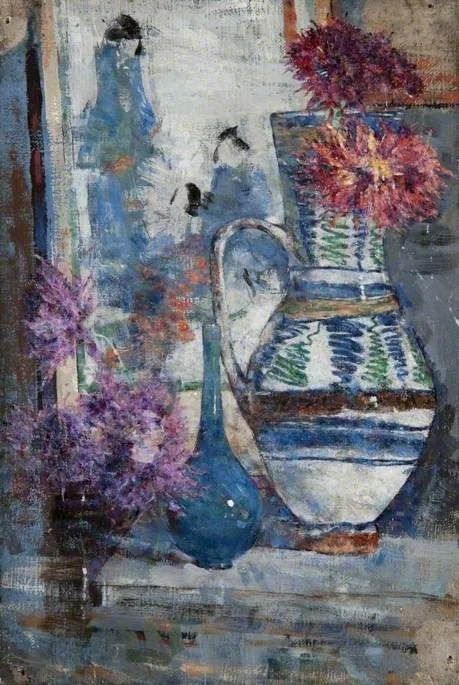Still Life, a Vase, a Bottle and a Jug with Flowers, detail