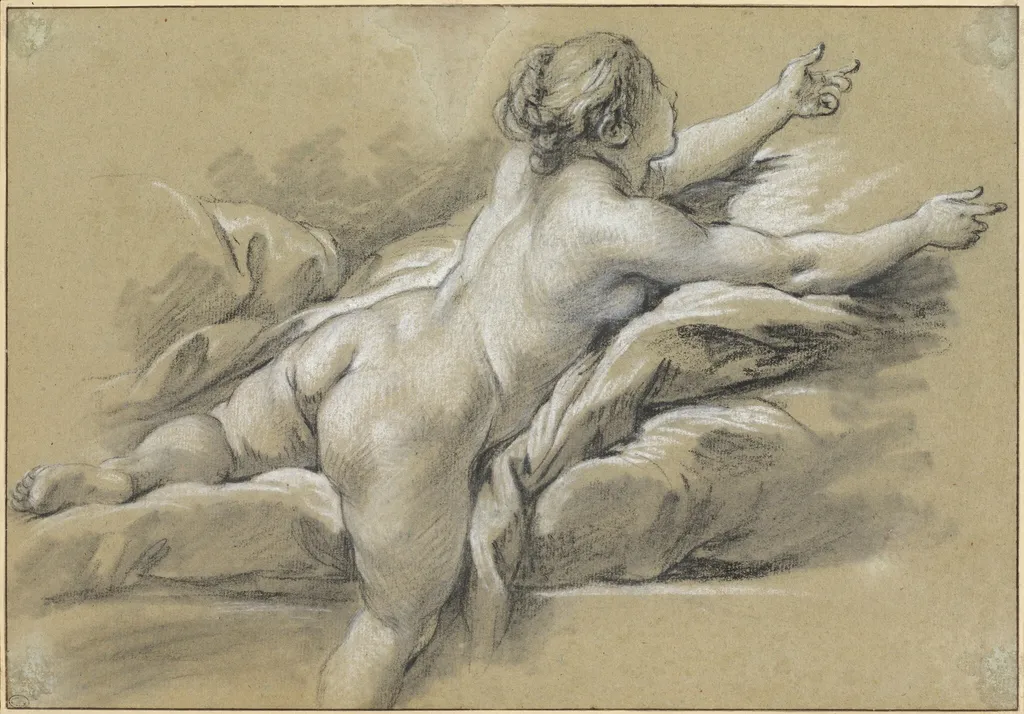 A Nude Woman Reaching to the Right, by François Boucher, chalk, 1769