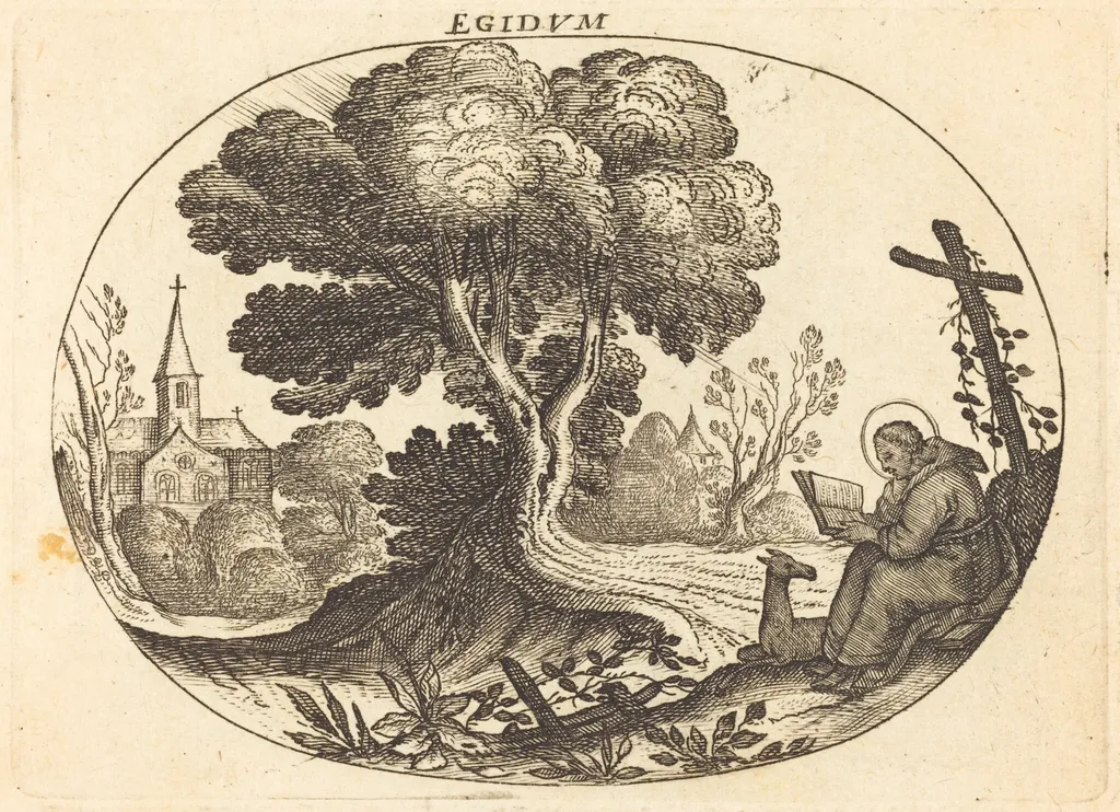 Saint Egidius and a Doe, by Balthasar Moncornet, ink, 1634