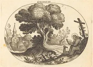 Saint Egidius and a Doe, by Balthasar Moncornet, ink, 1634