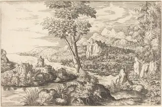 Landscape with Three Men, by Hanns Lautensack, ink, 1558