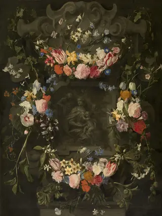 Holy Family in a Flower Garland, by Daniel Seghers, oil, 1650