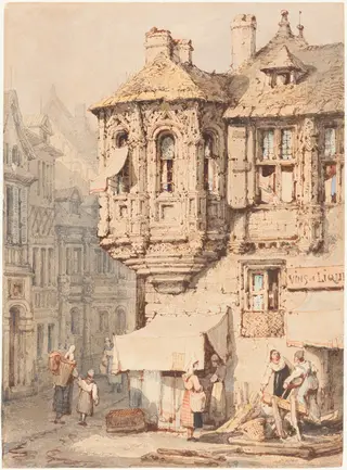French Street Scene with a Medieval Turret, by Samuel Prout, watercolor, 1818