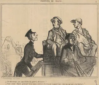 Ce messieurs ont ... du gibier a déclarer? ..., by Honoré Daumier, ink, 1854