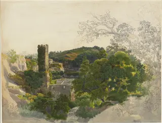 Ruins of a Fortified Tower among Wooded Hills, by Friedrich Salathé, ink, 1818