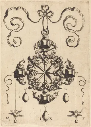 Large Pendant in the Form of a Wheel, by Daniel Mignot, ink, 1584