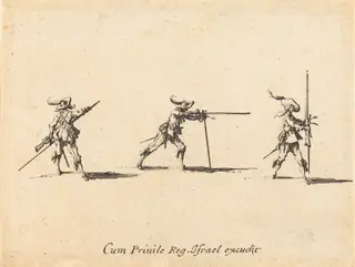 Taking the Firing Position with the Musket, by Jacques Callot, ink, 1634