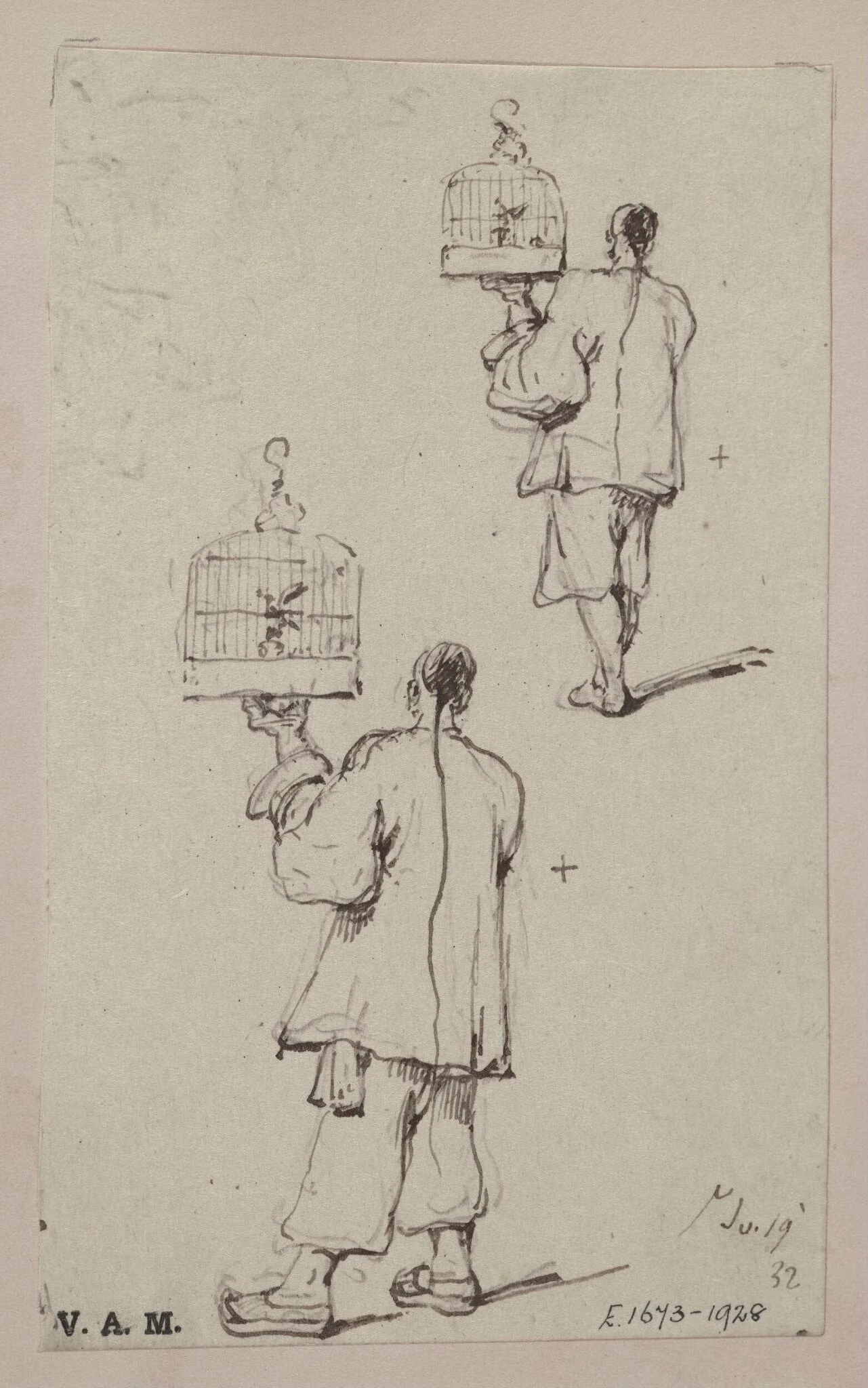 Two studies of a Chinese man holding up a birdcage, detail
