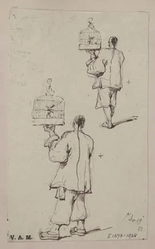 Two studies of a Chinese man holding up a birdcage, by George Chinnery, 19
