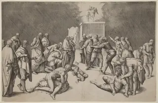 The Ark of the Lord in the Temple of Dagon, by Battista Franco, ink, 1530