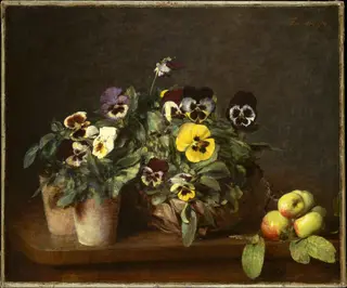 Still Life with Pansies, by Henri Fantin-Latour, oil, 1874