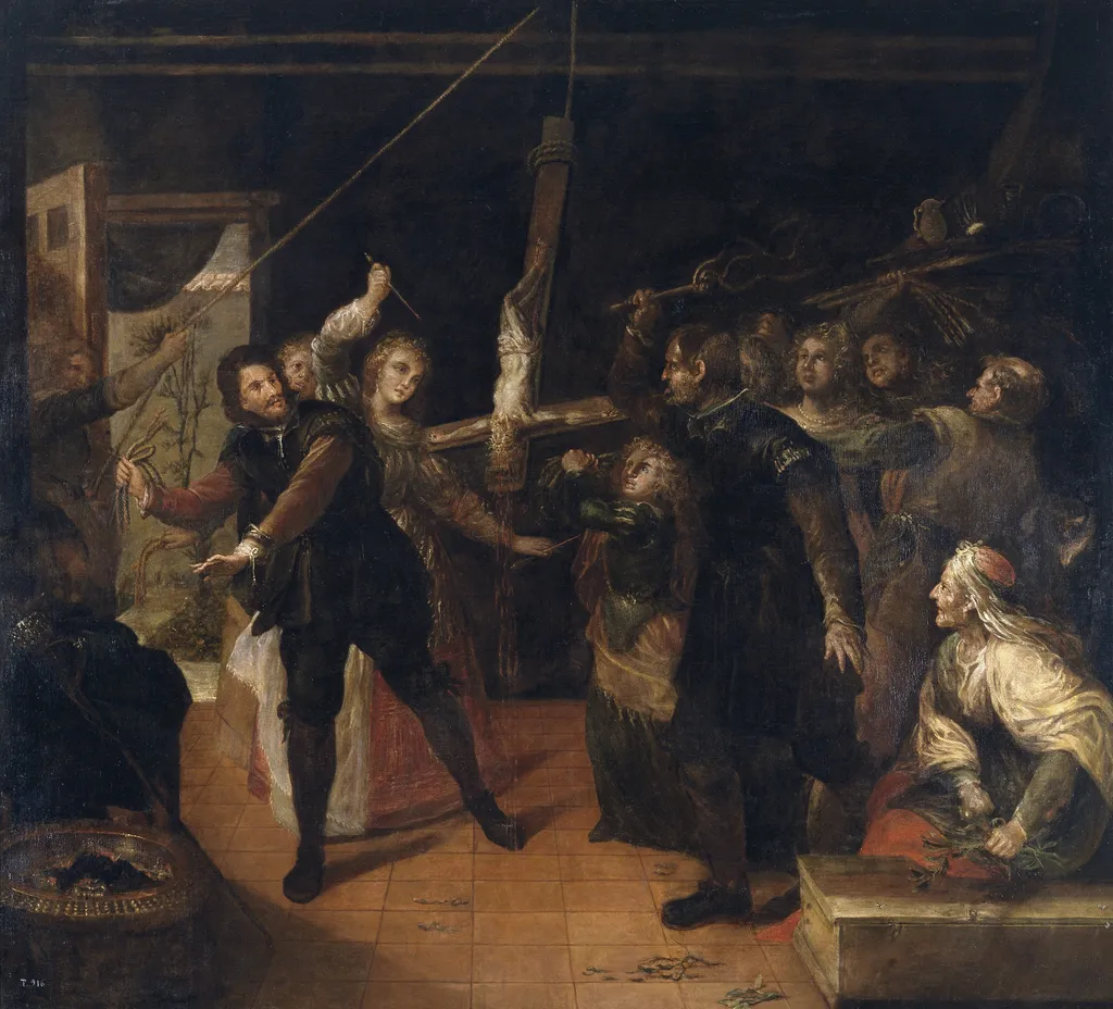 Profanación de un crucifijo (Familia de herejes azotando un crucifijo), by Francisco Rizi, oil, 1647