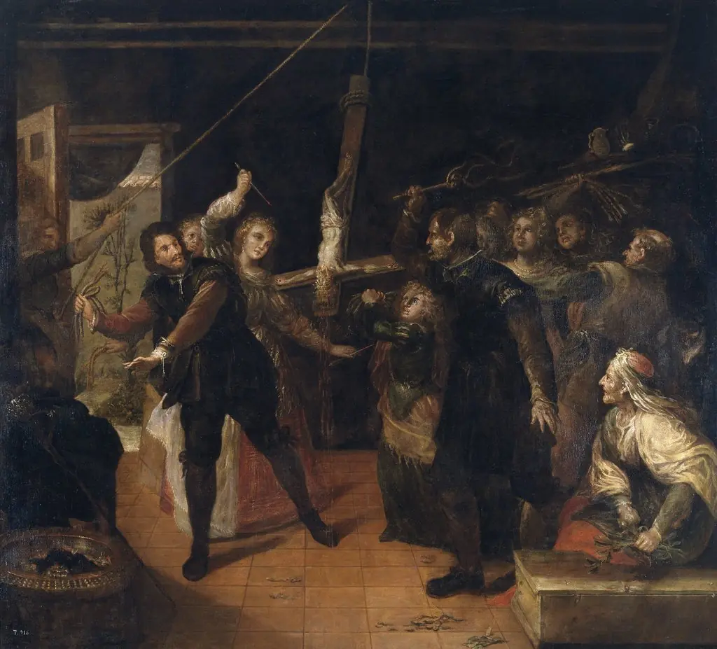 Profanación de un crucifijo (Familia de herejes azotando un crucifijo), by Francisco Rizi, oil, 1647