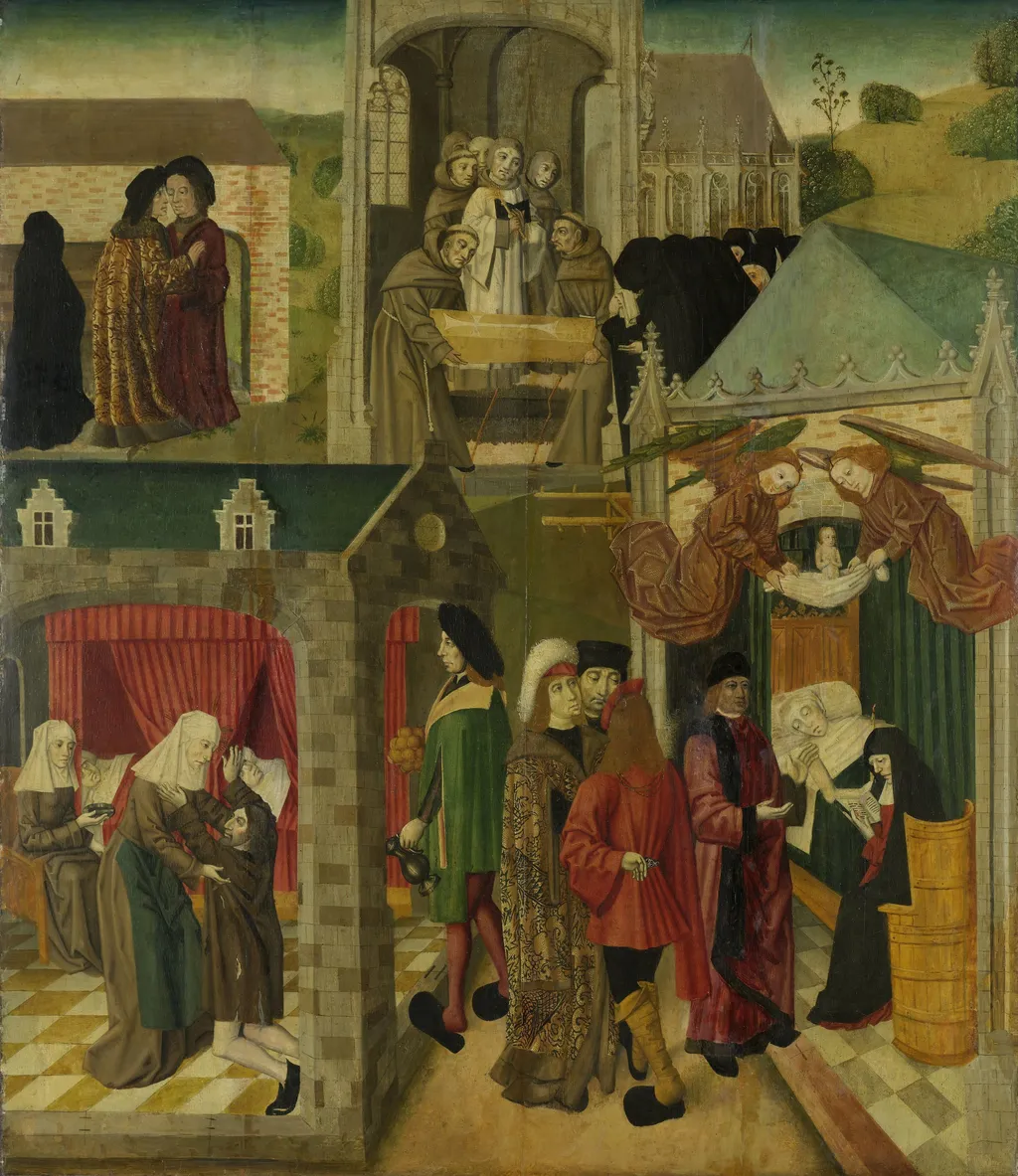 Inner right wing of an altarpiece with St Elizabeth tending the sick in Marburg and the death of St Elizabeth, by Master of the St Elizabeth Panels, oil, 1496