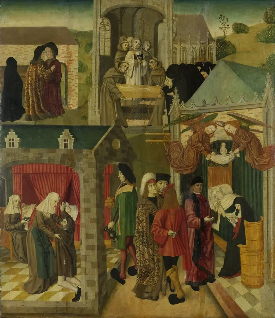 Inner right wing of an altarpiece with St Elizabeth tending the sick in Marburg and the death of St Elizabeth, by Master of the St Elizabeth Panels, oil, 1496
