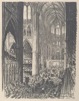 Coronation of King George V and Queen Mary in Westminster Abbey, by Joseph Pennell, ink, 1911