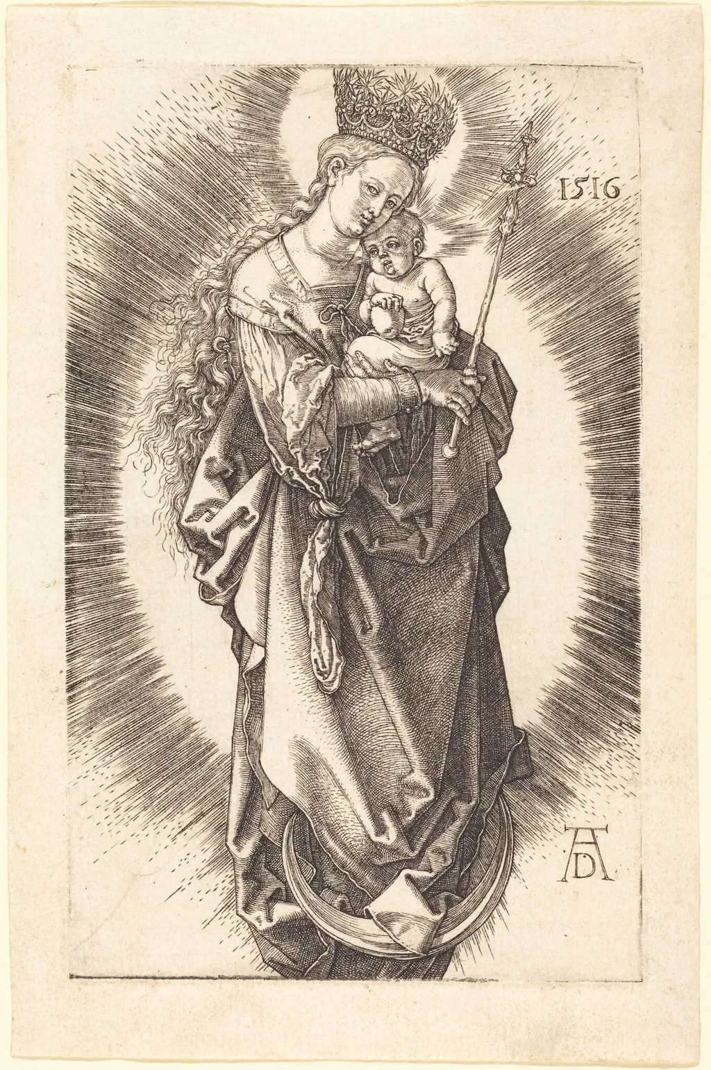 The Virgin and Child on a Crescent with a Sceptre and a Starry Crown, by Albrecht Dürer, ink, 1516