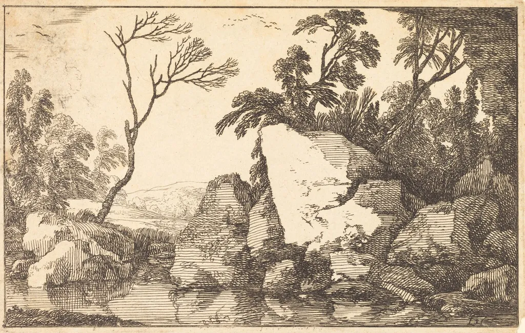 A Rocky Pond, by Laurent de La Hyre, ink, 1640