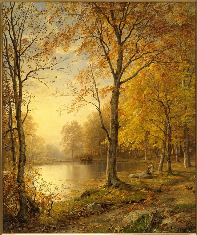 Indian Summer by William Trost Richards. The haze does the structural work a Pre-Raphaelite foreground usually refuses.