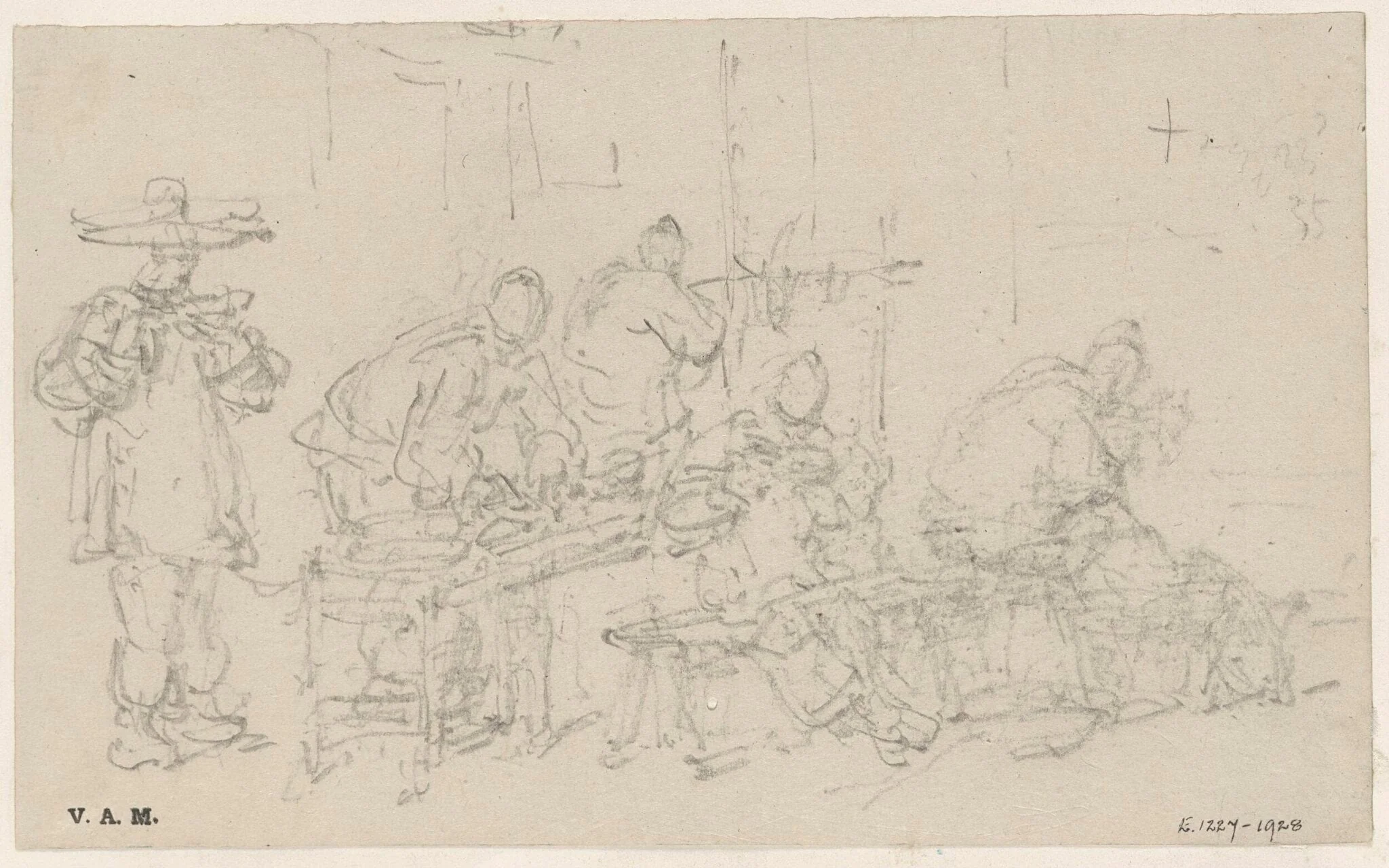 Sketches of figures at a foodstall, detail