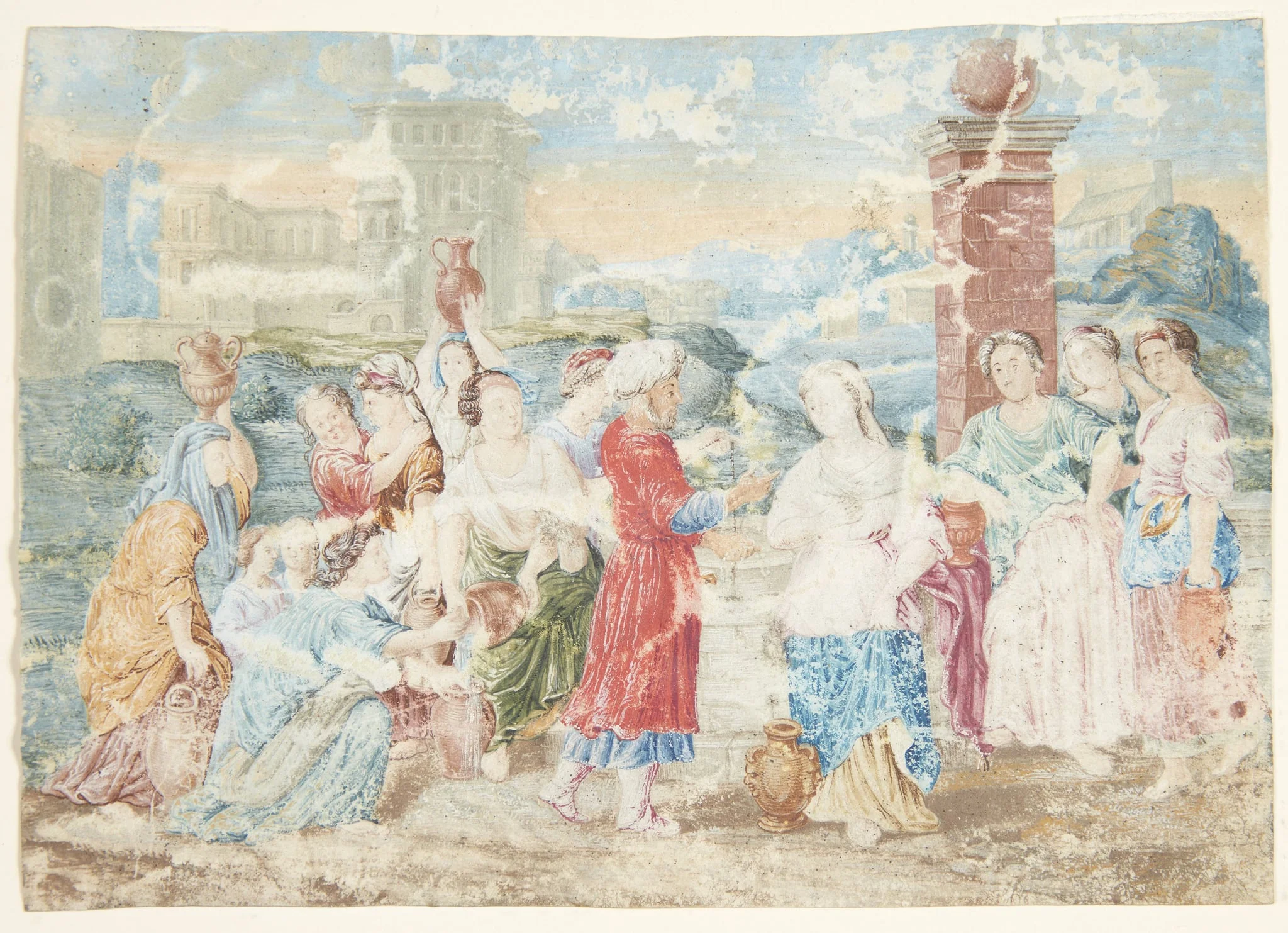Eliezer giver Rebecca smykker ved brønden, detail