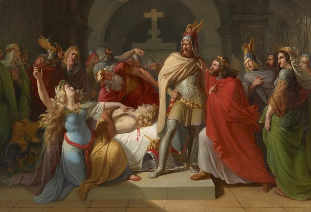 Kriemhild an der Leiche Siegfrieds erklärt Hagen als dessen Mörder und schwört Rache, by Carl Rahl, oil, 1835