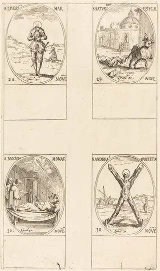 St. Liverius; St. Saturninus; St. Joscion; St. Andrew, by Jacques Callot, ink, 1634