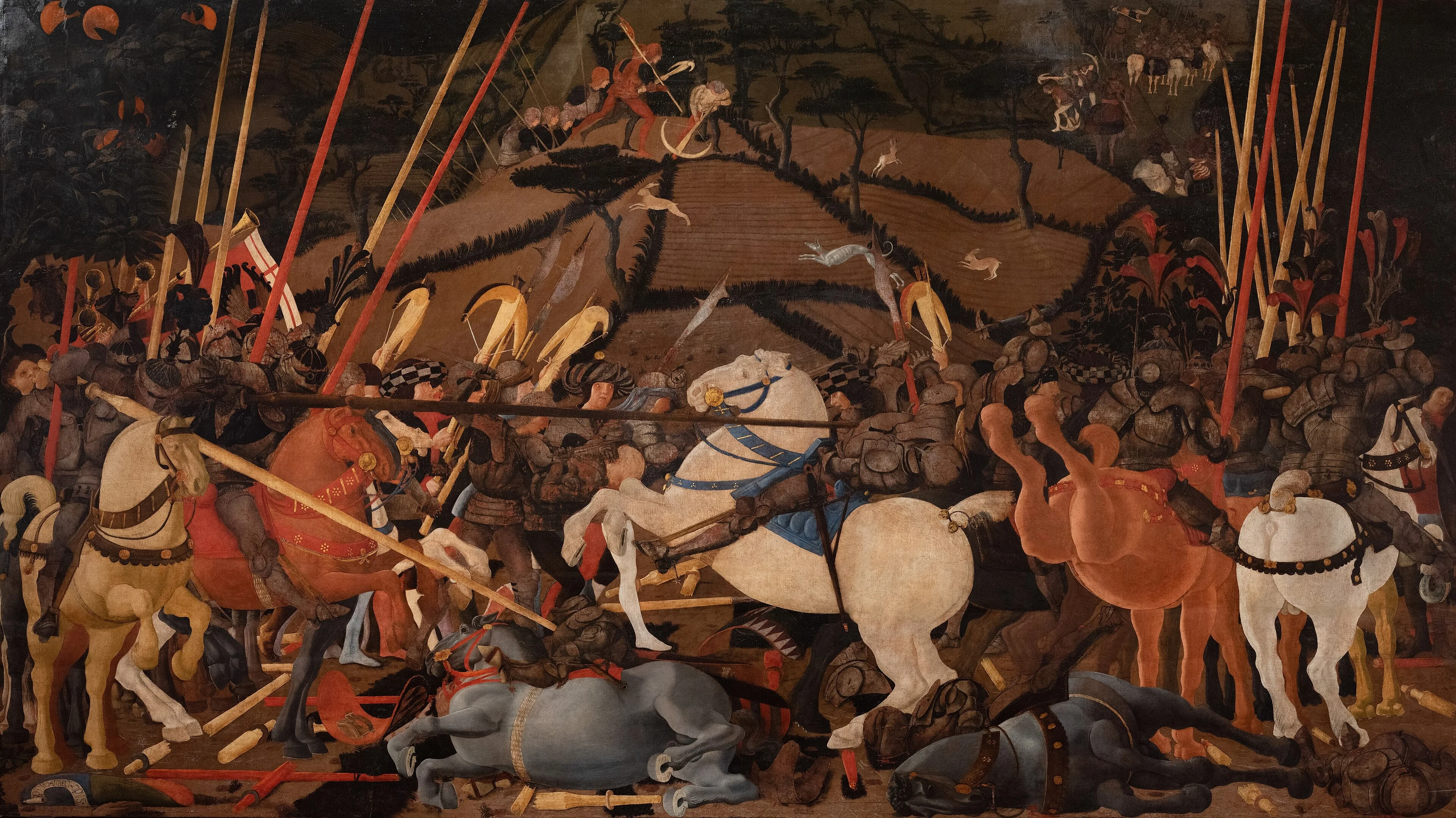 Niccolò Mauruzi da Tolentino unseats Bernardino della Ciarda at the Battle of San Romano, detail