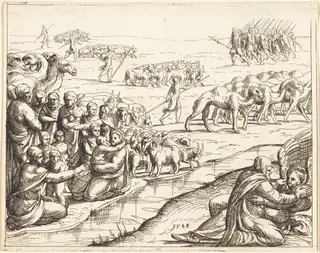 Jacob Wrestling with the Angel, by Augustin Hirschvogel, ink, 1528