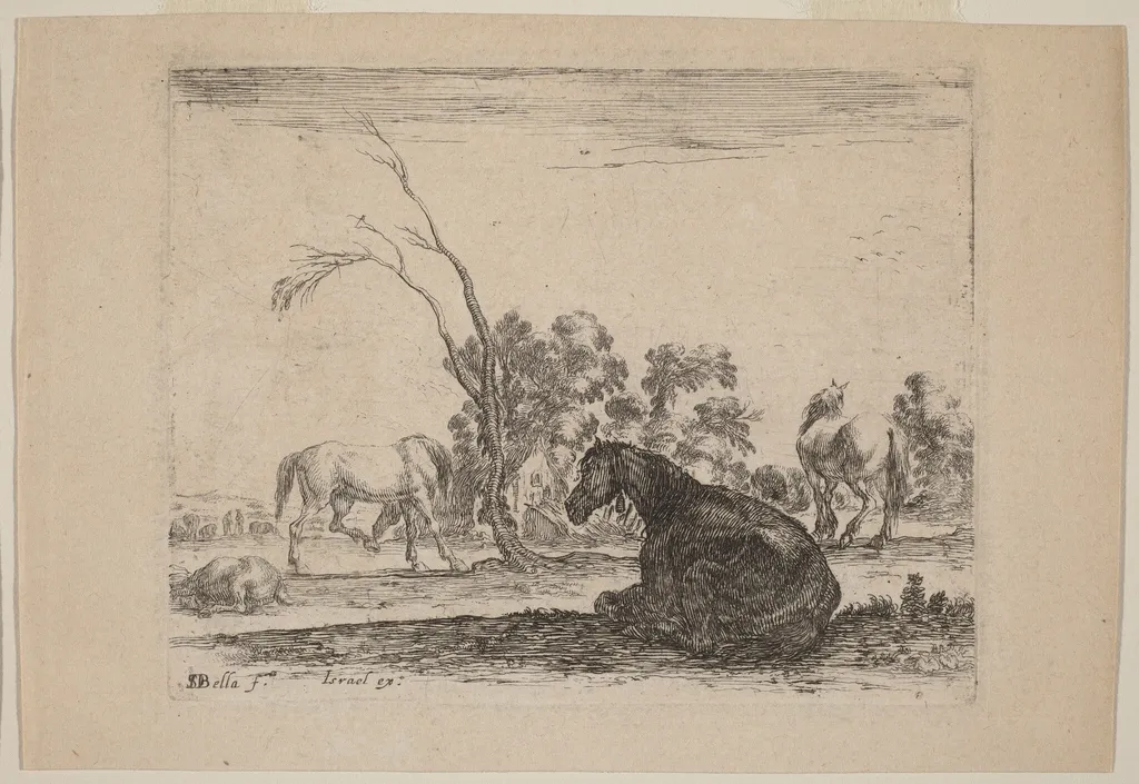 Horses in a Pasture, by Stefano Della Bella, ink, 1642