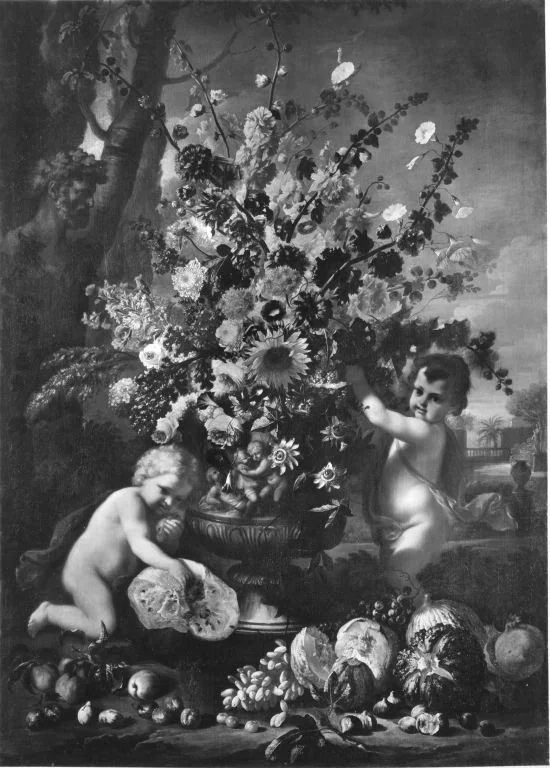 Blumen, Früchte und Kinder am Boden eines Gartens, detail