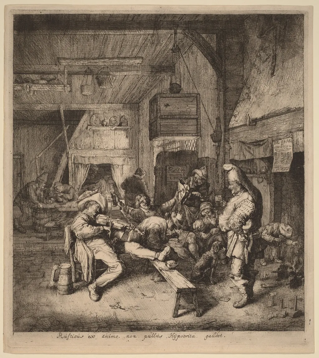Violin Player Seated in a Tavern, by Cornelis Dusart, ink, 1685
