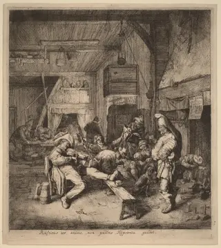 Violin Player Seated in a Tavern, by Cornelis Dusart, ink, 1685