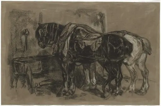 Two Draft Horses, by Alexandre Gabriel Decamps, chalk, 1830