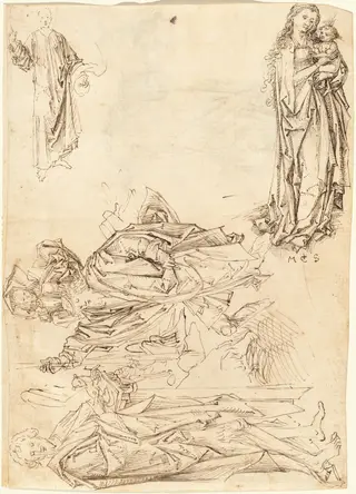 Saint Christopher, Saint John the Baptist, the Virgin and Child, and Christ Blessing (recto), by Master of the Drapery Studies, ink
